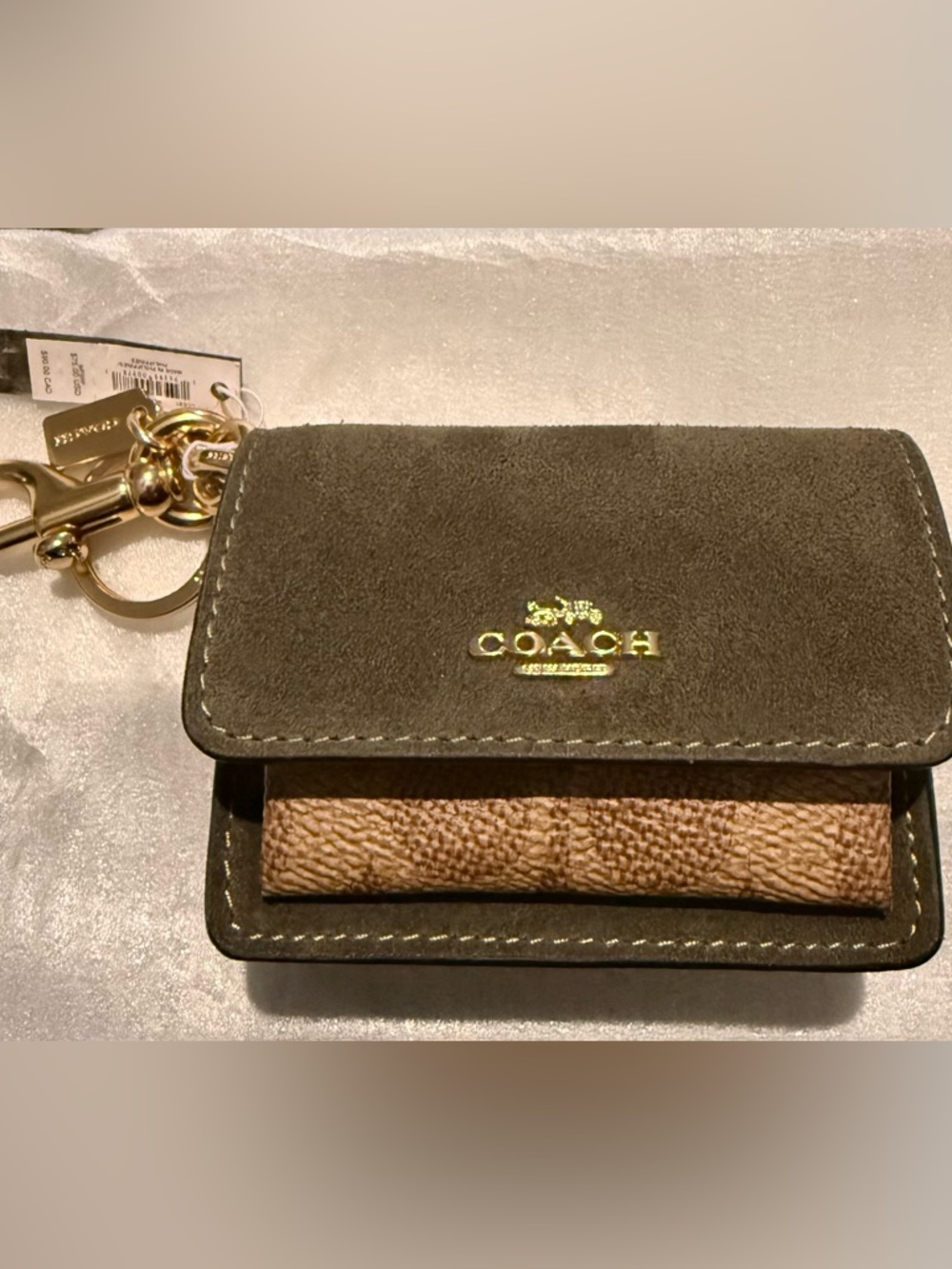 COACH  Olive Suede Key Wallet with Brown Accent charm